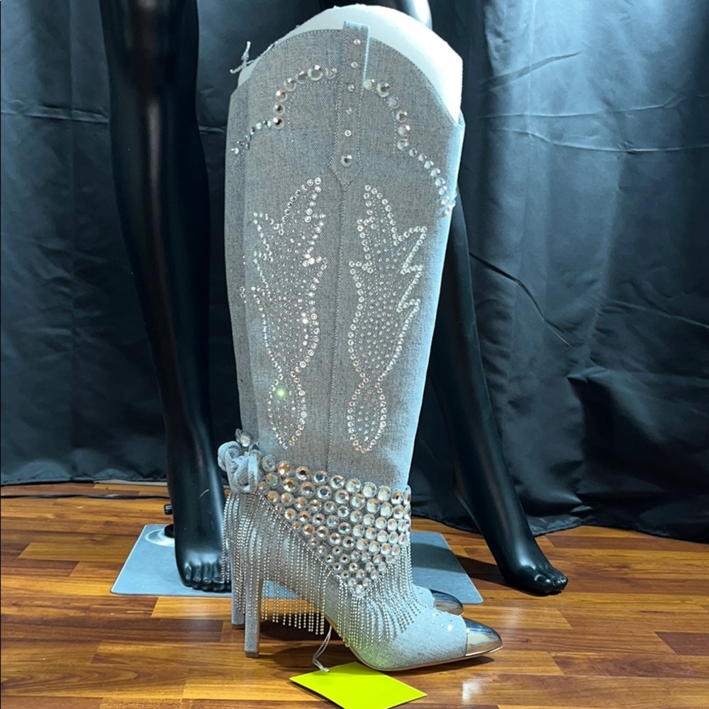 Gray Silver Heeled Boots with Rhinestone Embellishments